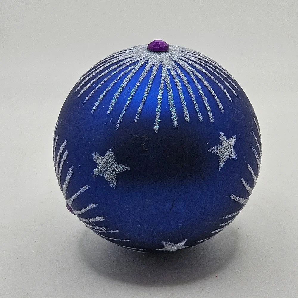Vintage Blue Glass Christmas Ball Ornament Glitter Starburst‎ Purple Jewel
